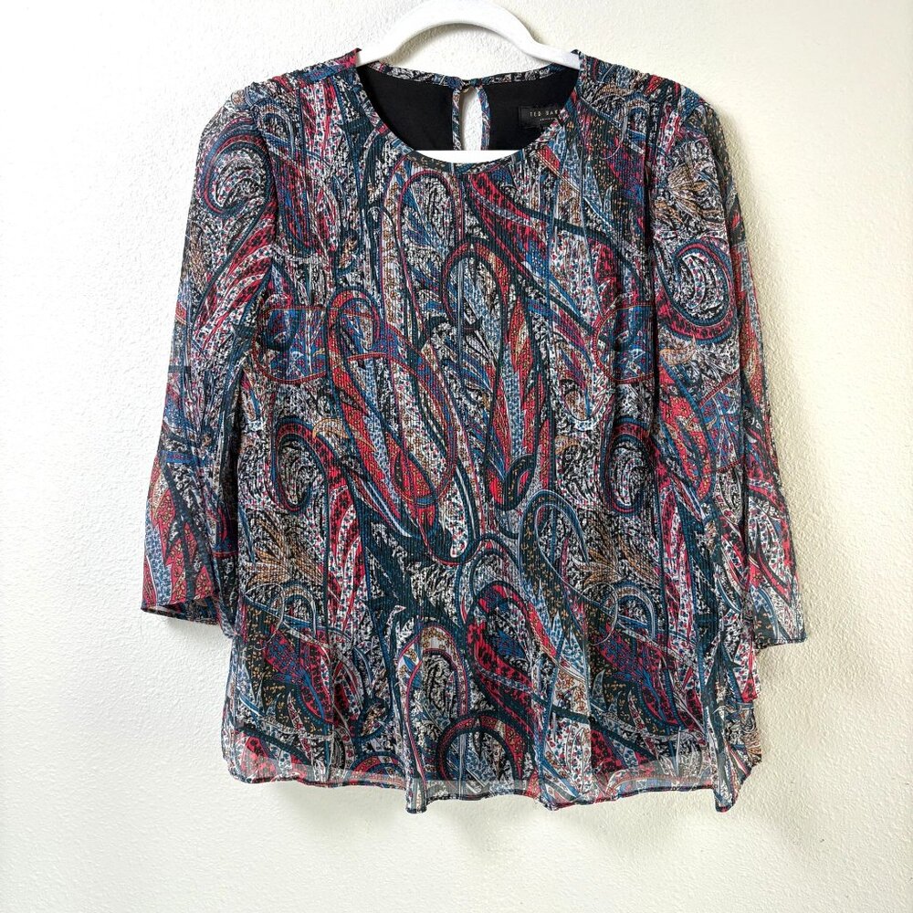 Ted Baker London Pleated Paisley Metallic Top Blouse Shirt Ted Size 2 US S 6